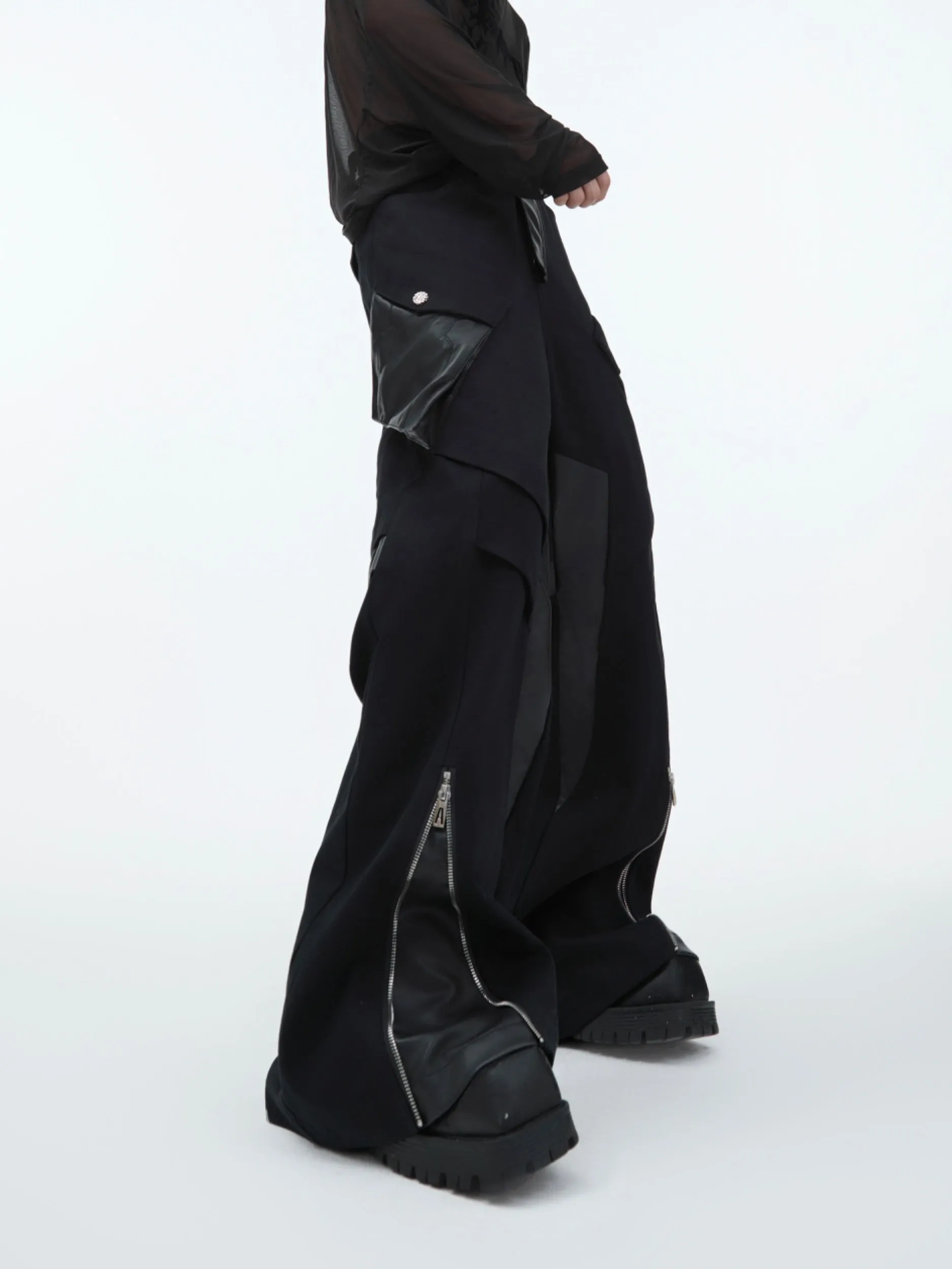 【24s Nov.】Heavy Deconstructed Split Design Workwear Leather Pants
