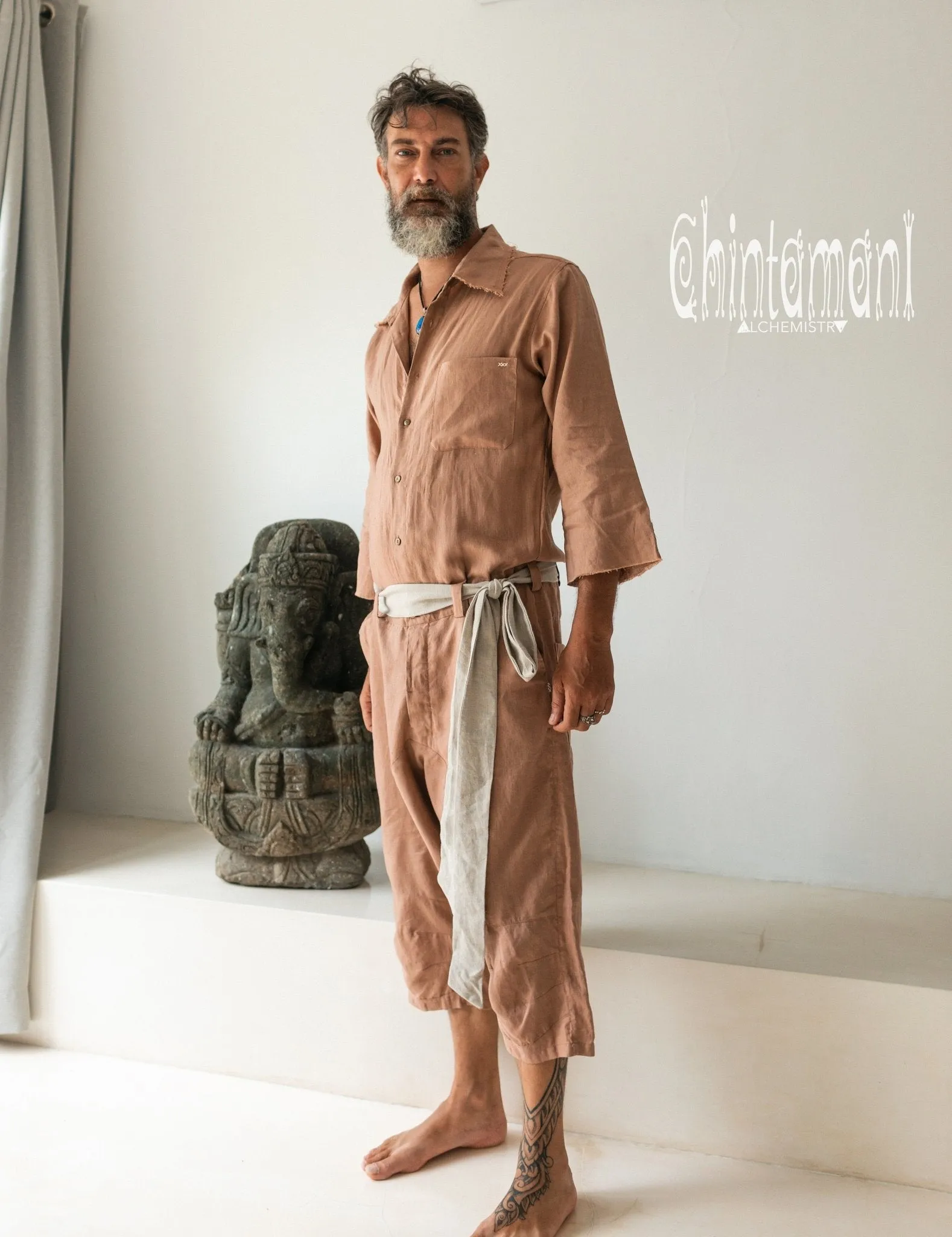 3/4 Linen Overalls for Men / Coverall Jumpsuit with Belt / Dusty Pink