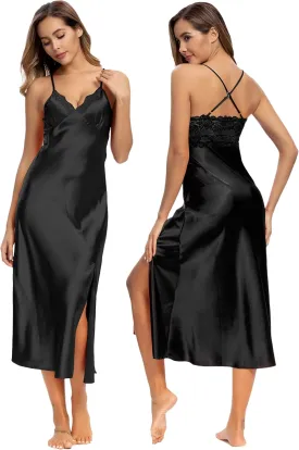 ALCEA ROSEA Women Silk Satin Nightgown Sexy Lace Chemise Lingerie Long Sleepdress for Ladies Sleepwear Slip Negligee