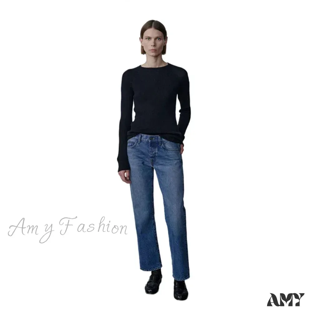 Amy Fashion - High Quality Fashion Retro Lady Straight-leg Spring and Autumn Simple Casual High Waist Denim Jean