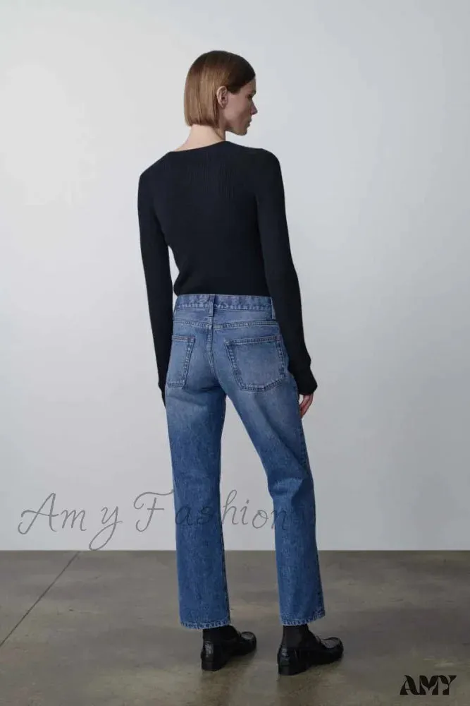Amy Fashion - High Quality Fashion Retro Lady Straight-leg Spring and Autumn Simple Casual High Waist Denim Jean