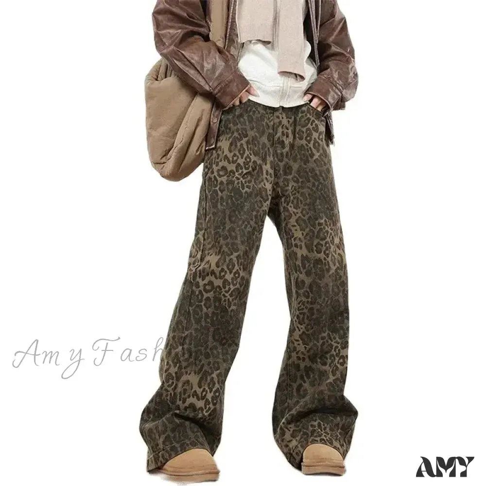 Amy Fashion - Wide Leg Leopard Print Women 2024 Y2K High Waisted Fashion Streetwear Retro Denim Baggy Casual Straight Jean