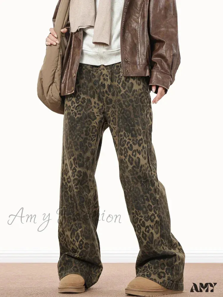 Amy Fashion - Wide Leg Leopard Print Women 2024 Y2K High Waisted Fashion Streetwear Retro Denim Baggy Casual Straight Jean