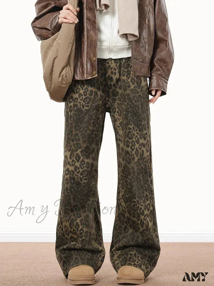 Amy Fashion - Wide Leg Leopard Print Women 2024 Y2K High Waisted Fashion Streetwear Retro Denim Baggy Casual Straight Jean