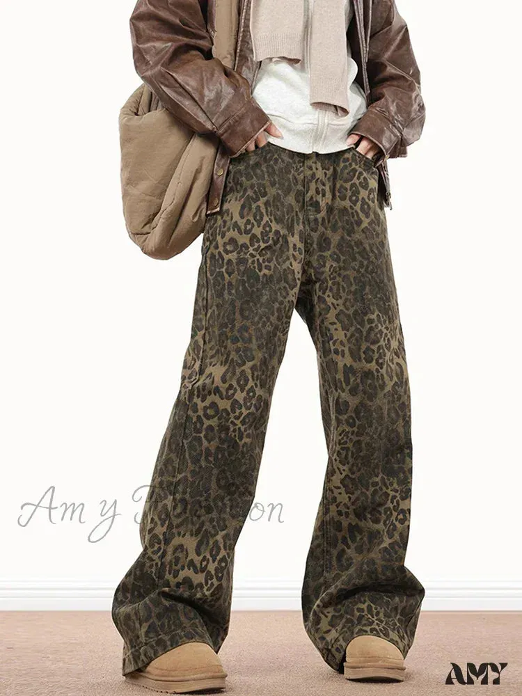 Amy Fashion - Wide Leg Leopard Print Women 2024 Y2K High Waisted Fashion Streetwear Retro Denim Baggy Casual Straight Jean
