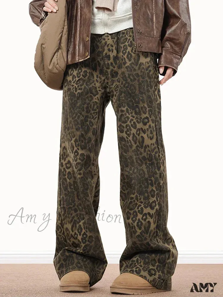 Amy Fashion - Wide Leg Leopard Print Women 2024 Y2K High Waisted Fashion Streetwear Retro Denim Baggy Casual Straight Jean