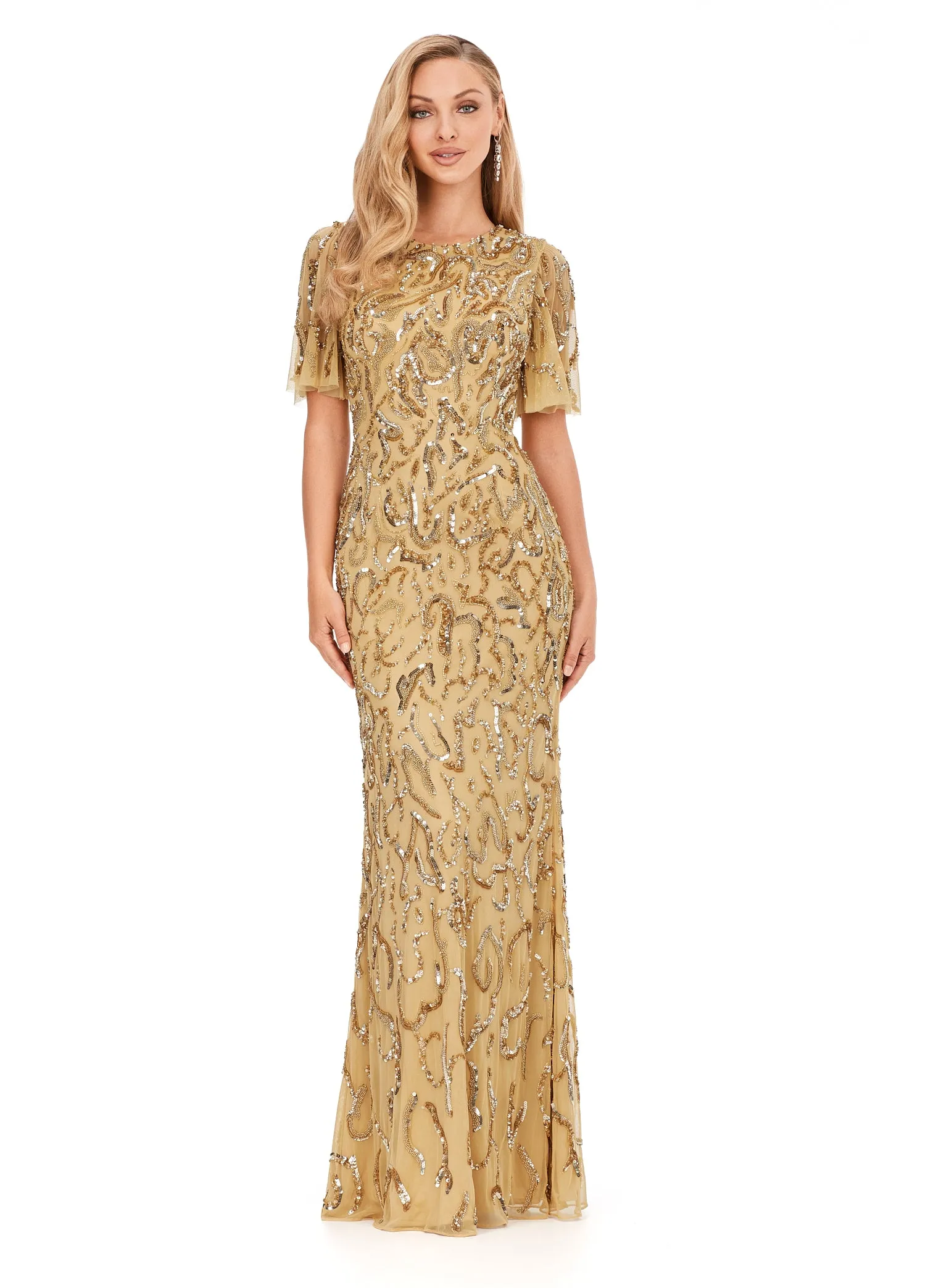 Ashley Lauren 11216 Long Evening Gown Butterfly Sleeve Fully Beaded Crew Neckline Keyhole Back Evening Dress