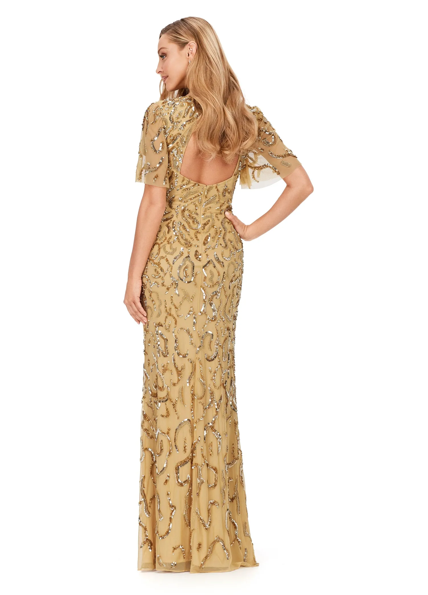 Ashley Lauren 11216 Long Evening Gown Butterfly Sleeve Fully Beaded Crew Neckline Keyhole Back Evening Dress