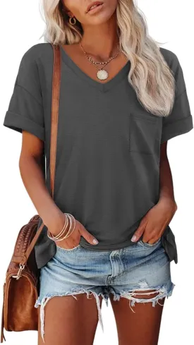 ATHMILE Womens T Shirts 2025 Short Sleeve V-Neck Shirts Cute Fit Summer Casual Tee Tops S-3XL Beach