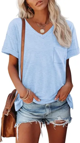 ATHMILE Womens T Shirts 2025 Short Sleeve V-Neck Shirts Cute Fit Summer Casual Tee Tops S-3XL Beach
