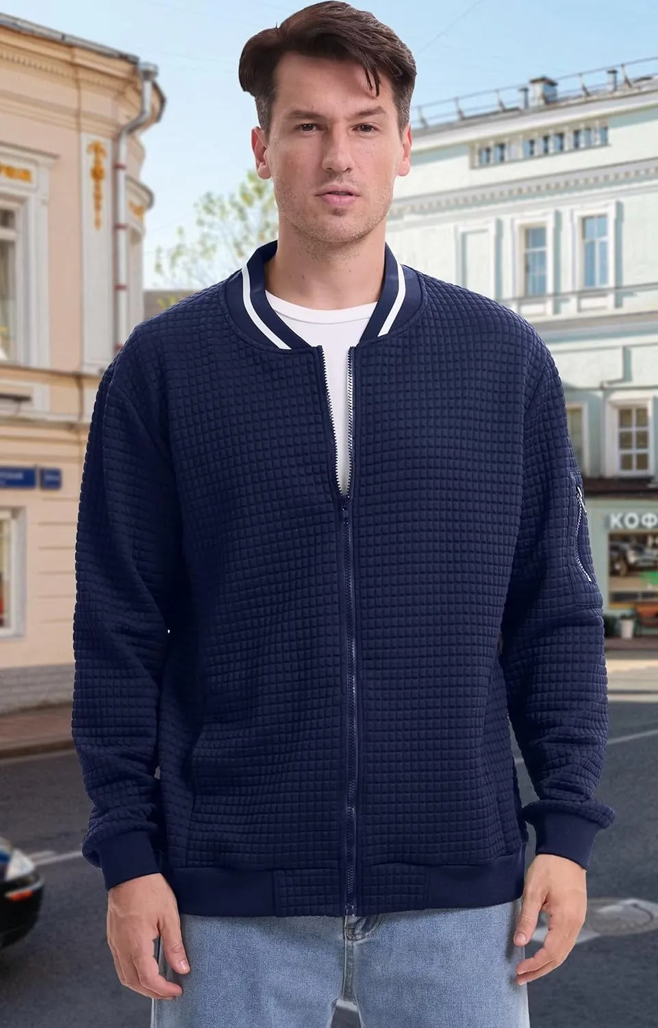 babyhealthy Men's Waffle Jacket Lightweight Varsity Bomber Jackets Letterman Jacket Zip Up Casual Coat with Pockets