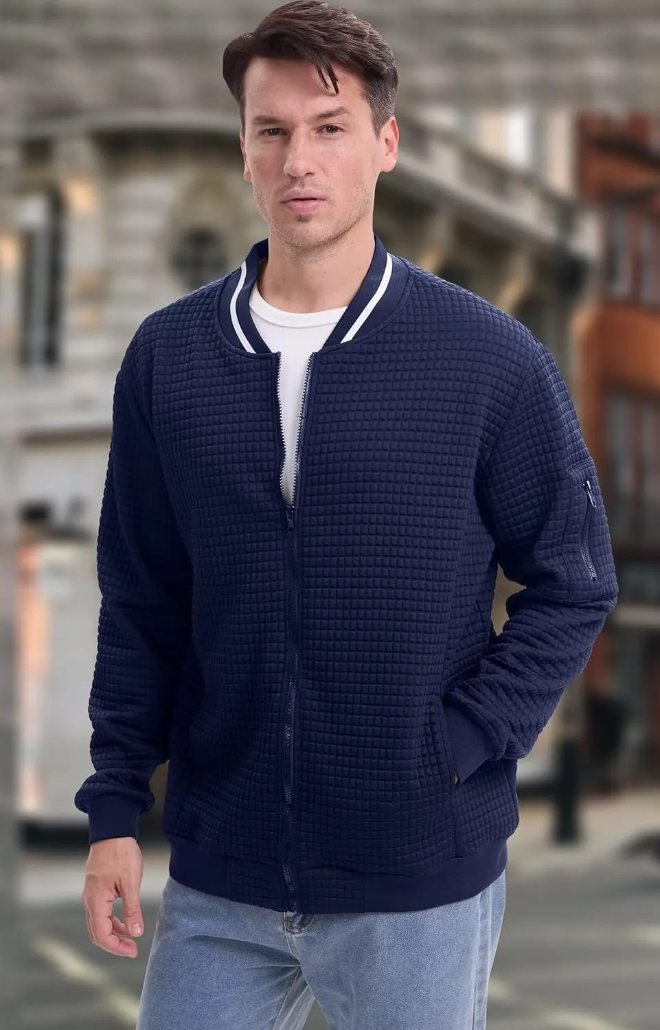 babyhealthy Men's Waffle Jacket Lightweight Varsity Bomber Jackets Letterman Jacket Zip Up Casual Coat with Pockets