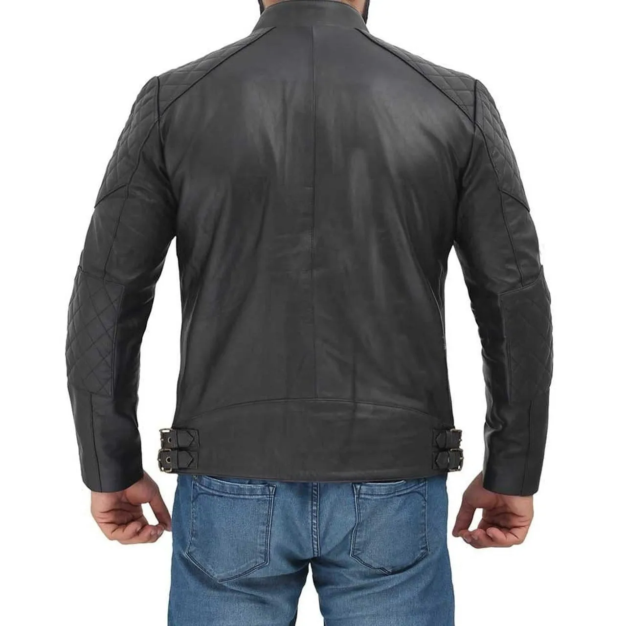 Black Quilted Leather Biker Jacket Men