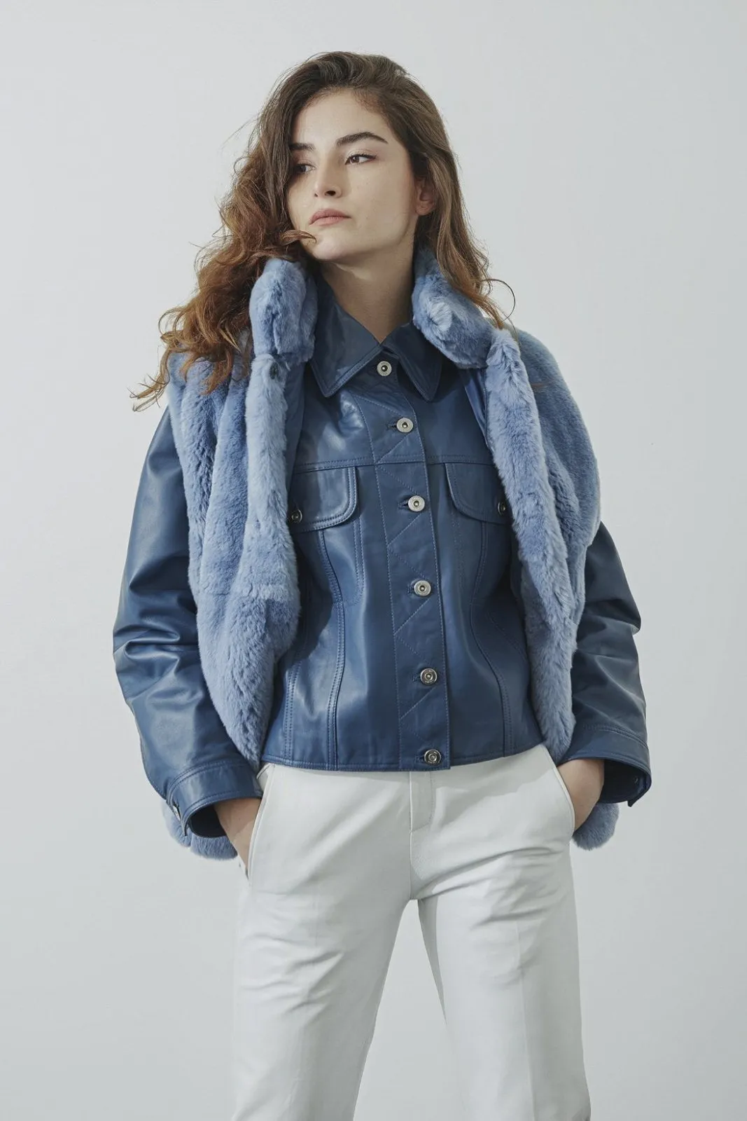 Blue Leather Jacket Set