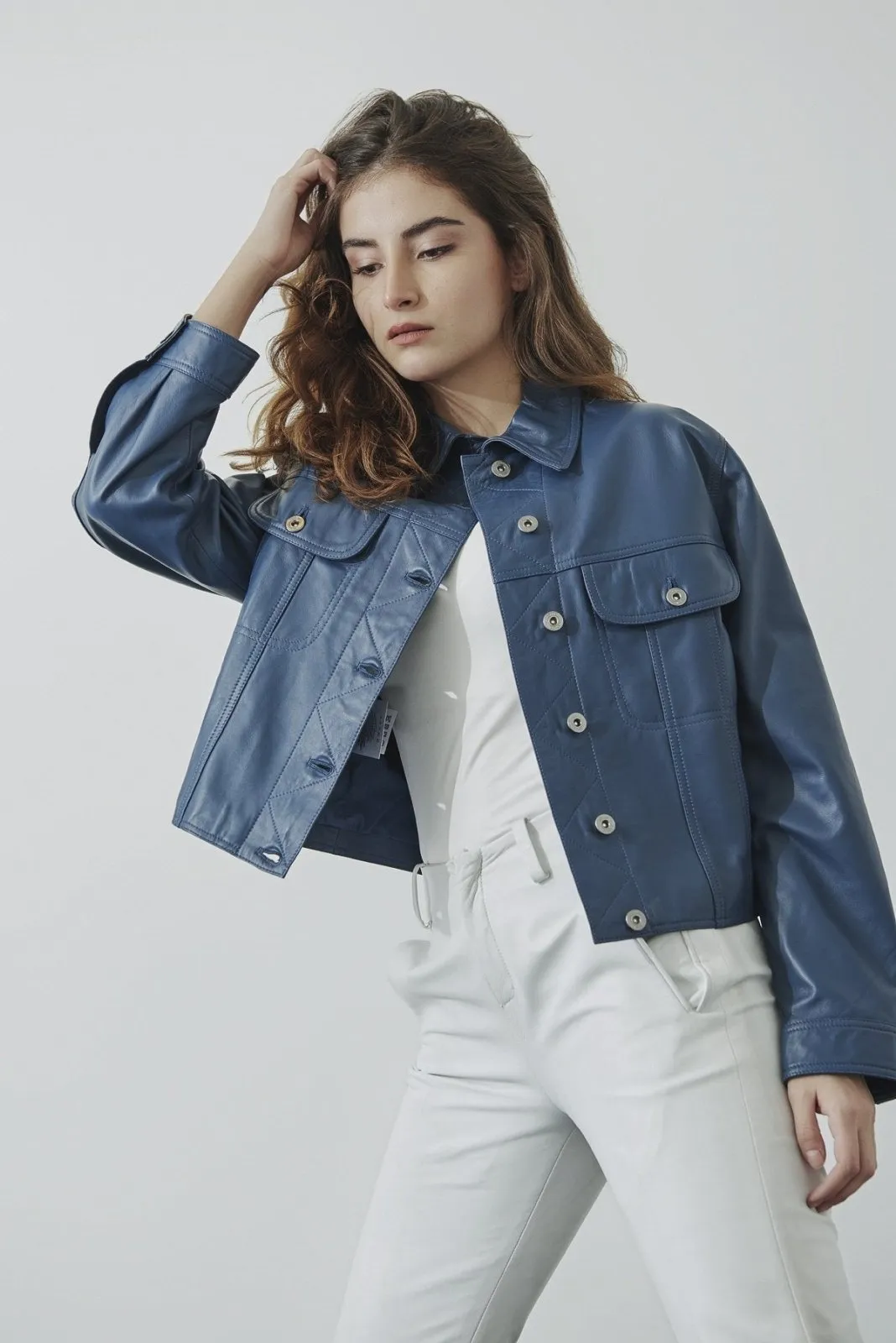 Blue Leather Jacket Set