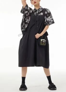 Bohemian Black Oversized Drawstring Cotton Overalls Jumpsuit Jumpsuits Summer TS1036