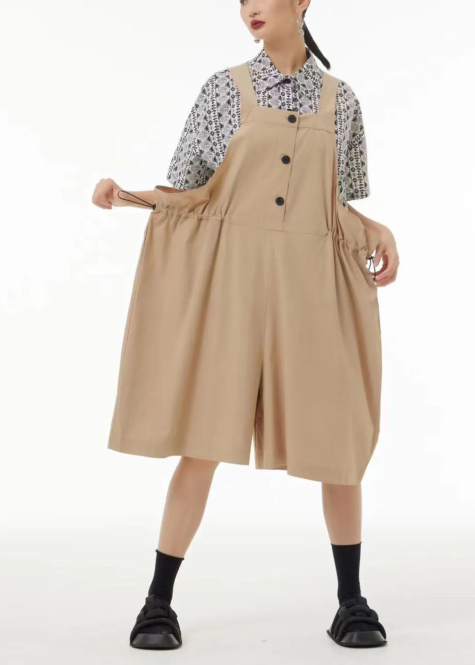 Bohemian Black Oversized Drawstring Cotton Overalls Jumpsuit Jumpsuits Summer TS1036