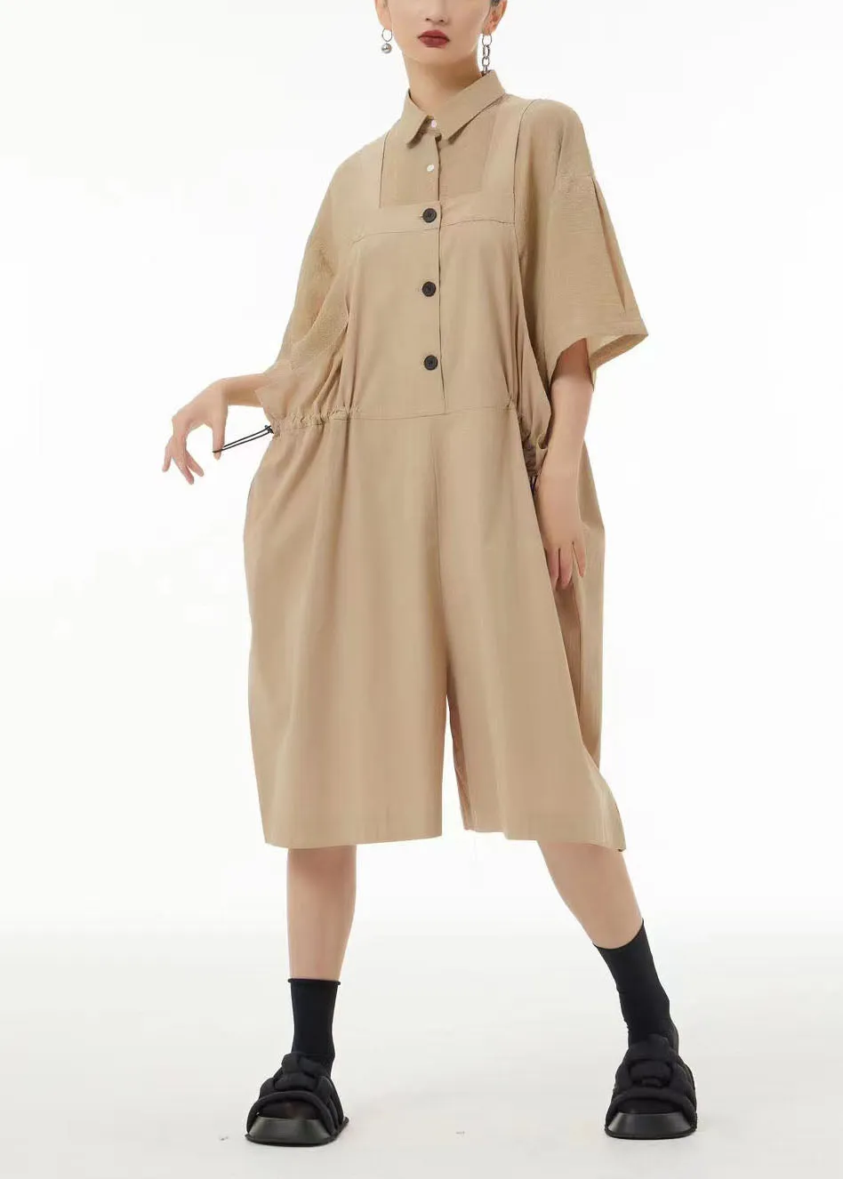 Bohemian Black Oversized Drawstring Cotton Overalls Jumpsuit Jumpsuits Summer TS1036