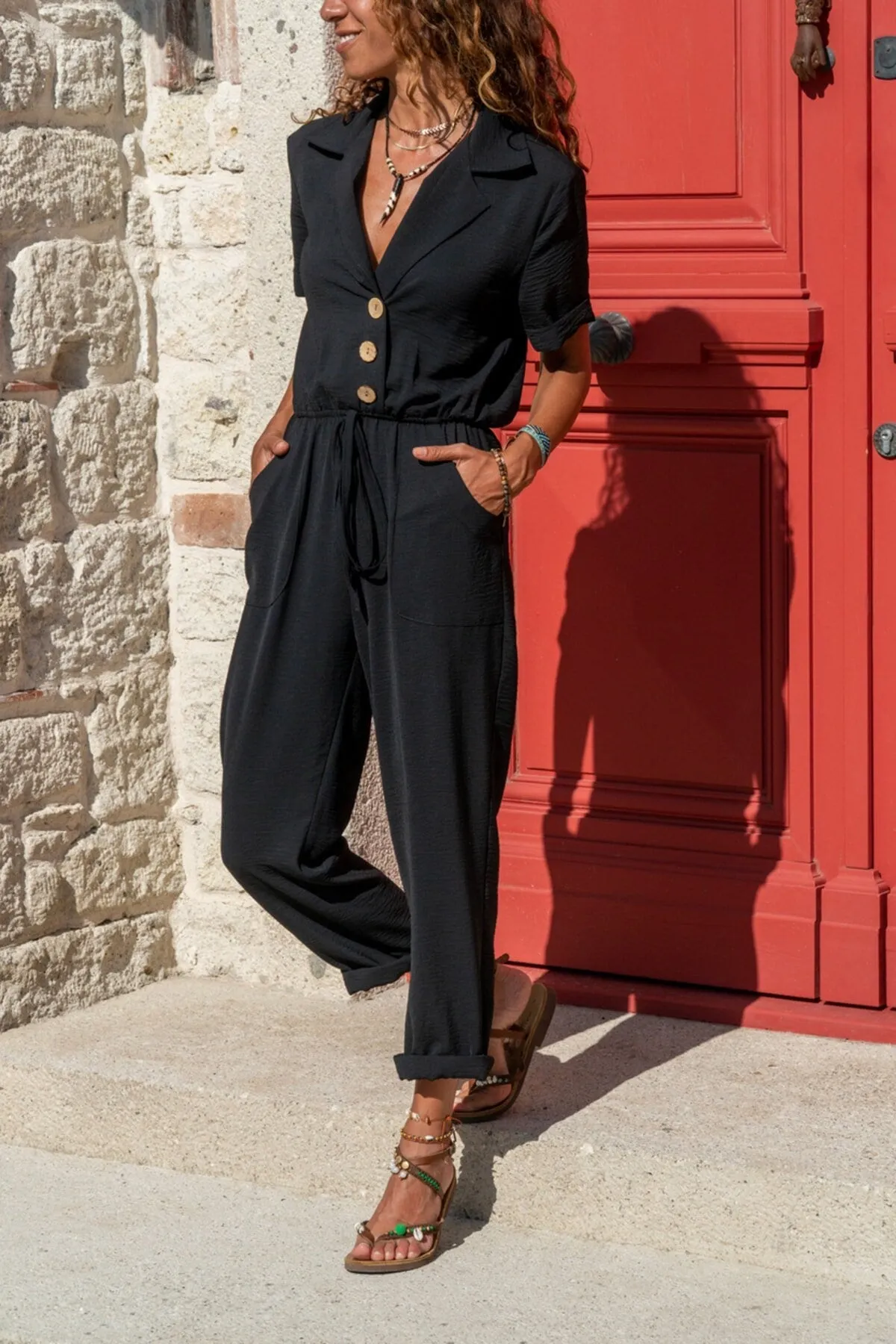 Bohemian Jumpsuit,Jacket Collar, Waist Elastic, Cotton Viscose Overalls, Casual Jumpsuit, ,Summer Jumpsuit Hippie Jumpsuit Wide Leg Jumpsuit