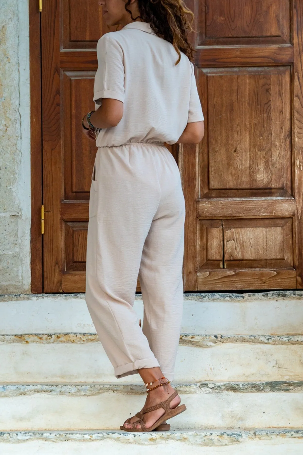 Bohemian Jumpsuit,Jacket Collar, Waist Elastic, Cotton Viscose Overalls, Casual Jumpsuit, ,Summer Jumpsuit Hippie Jumpsuit Wide Leg Jumpsuit
