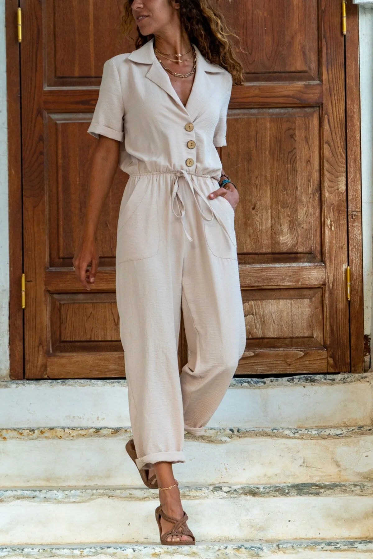 Bohemian Jumpsuit,Jacket Collar, Waist Elastic, Cotton Viscose Overalls, Casual Jumpsuit, ,Summer Jumpsuit Hippie Jumpsuit Wide Leg Jumpsuit