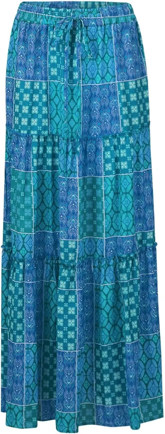 Boho Skirts for Women,2025 Summer Flowy High Waist A Line Maxi Skirt Elegant Pleated Floral Beach Outfits