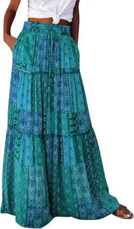 Boho Skirts for Women,2025 Summer Flowy High Waist A Line Maxi Skirt Elegant Pleated Floral Beach Outfits