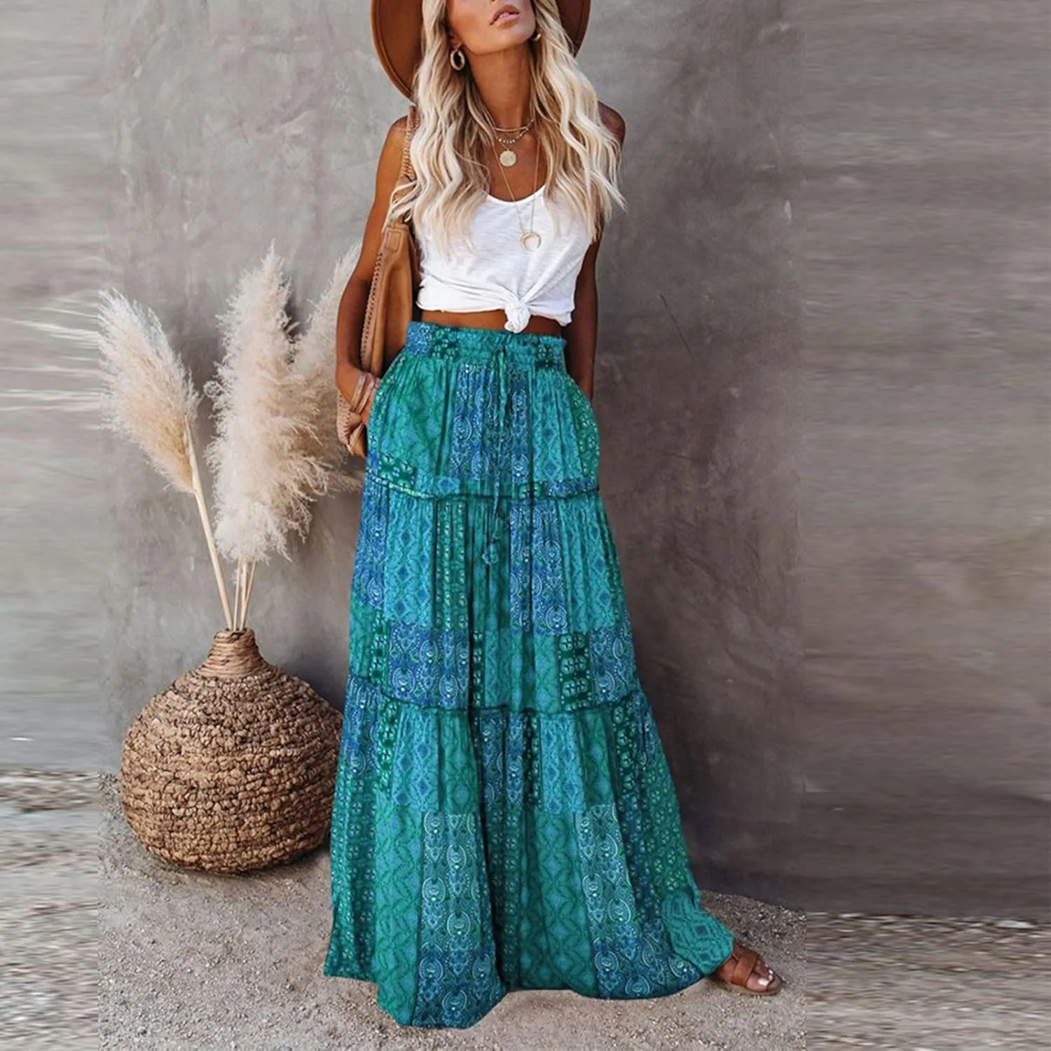 Boho Skirts for Women,2025 Summer Flowy High Waist A Line Maxi Skirt Elegant Pleated Floral Beach Outfits