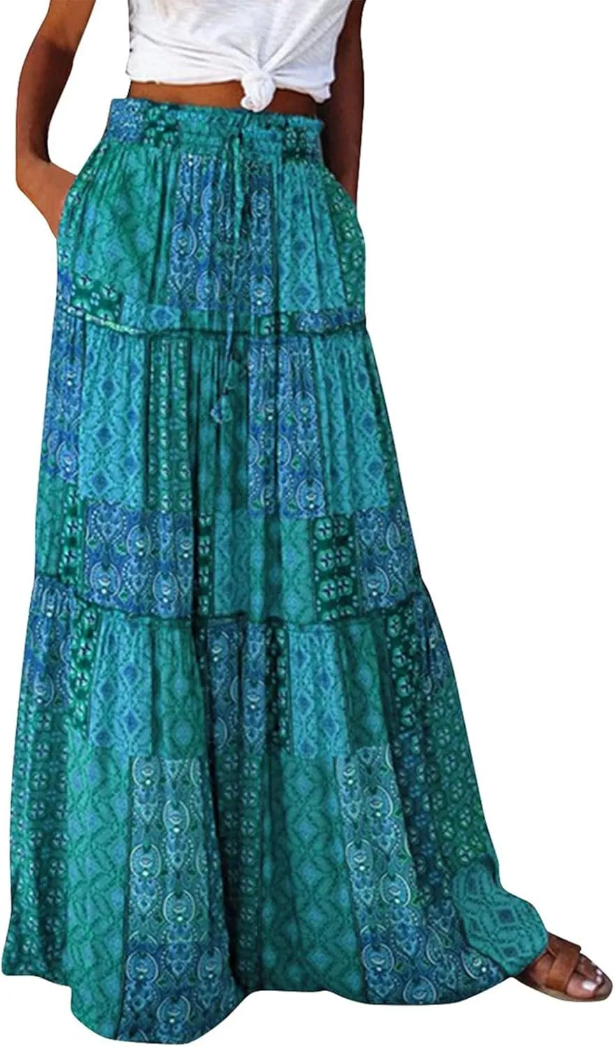 Boho Skirts for Women,2025 Summer Flowy High Waist A Line Maxi Skirt Elegant Pleated Floral Beach Outfits