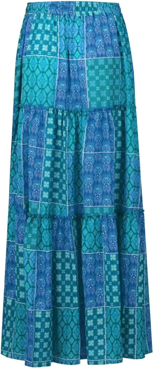 Boho Skirts for Women,2025 Summer Flowy High Waist A Line Maxi Skirt Elegant Pleated Floral Beach Outfits