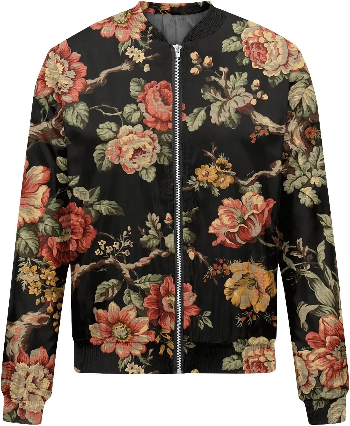 Bomber Jacket Women 2024 Casual Floral Lightweight Oversized Windbreaker Trendy Zip Up Coat Outwear with Pockets