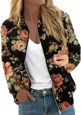 Bomber Jacket Women 2024 Casual Floral Lightweight Oversized Windbreaker Trendy Zip Up Coat Outwear with Pockets