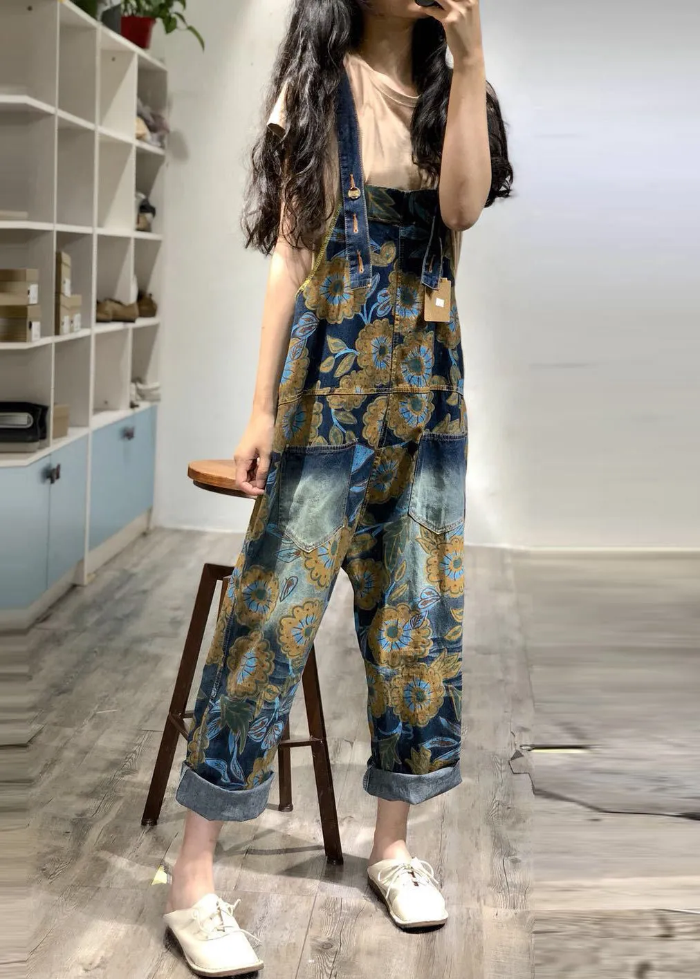 Boutique Blue Oversized Print Denim Overalls Jumpsuit Spring OO034