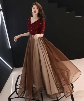 Burgundy Sequin Tulle Long Prom Dress Burgundy Evening Dress