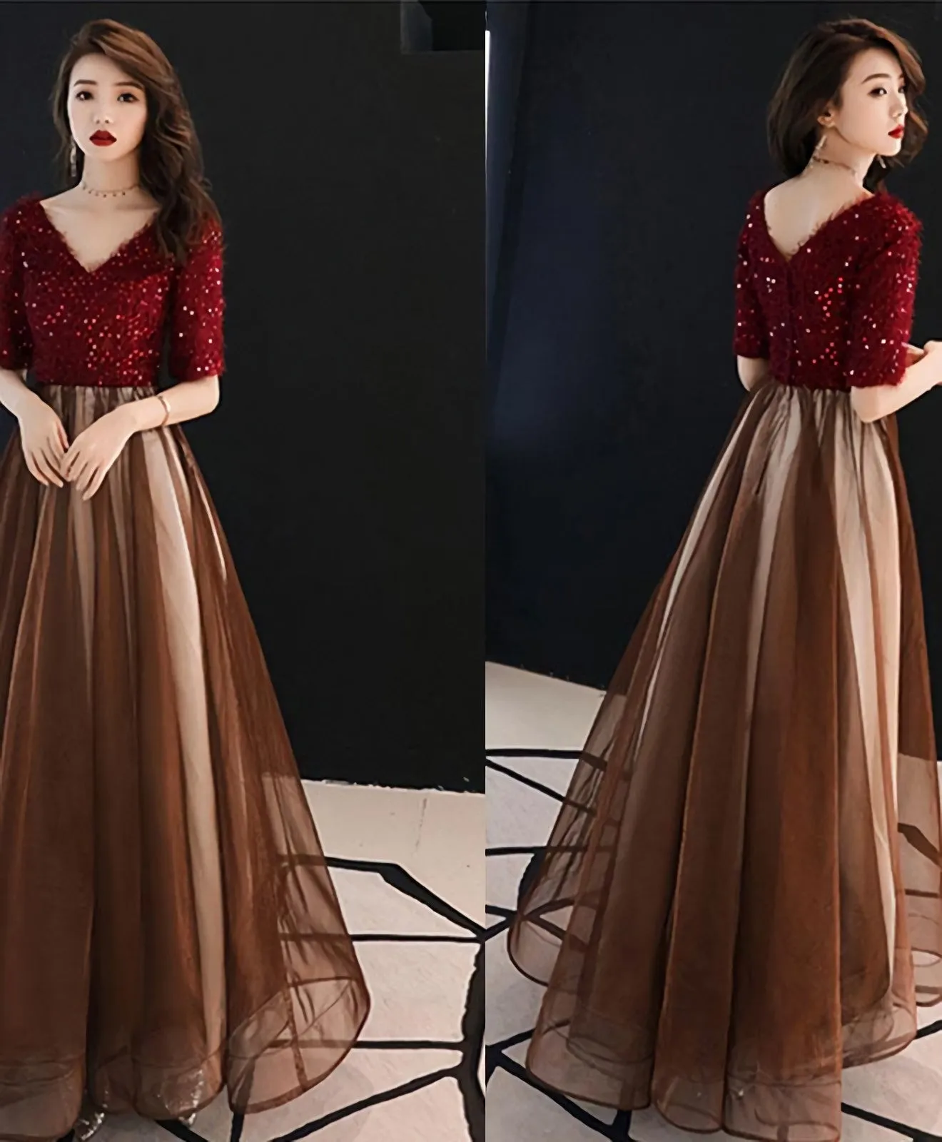 Burgundy Sequin Tulle Long Prom Dress Burgundy Evening Dress