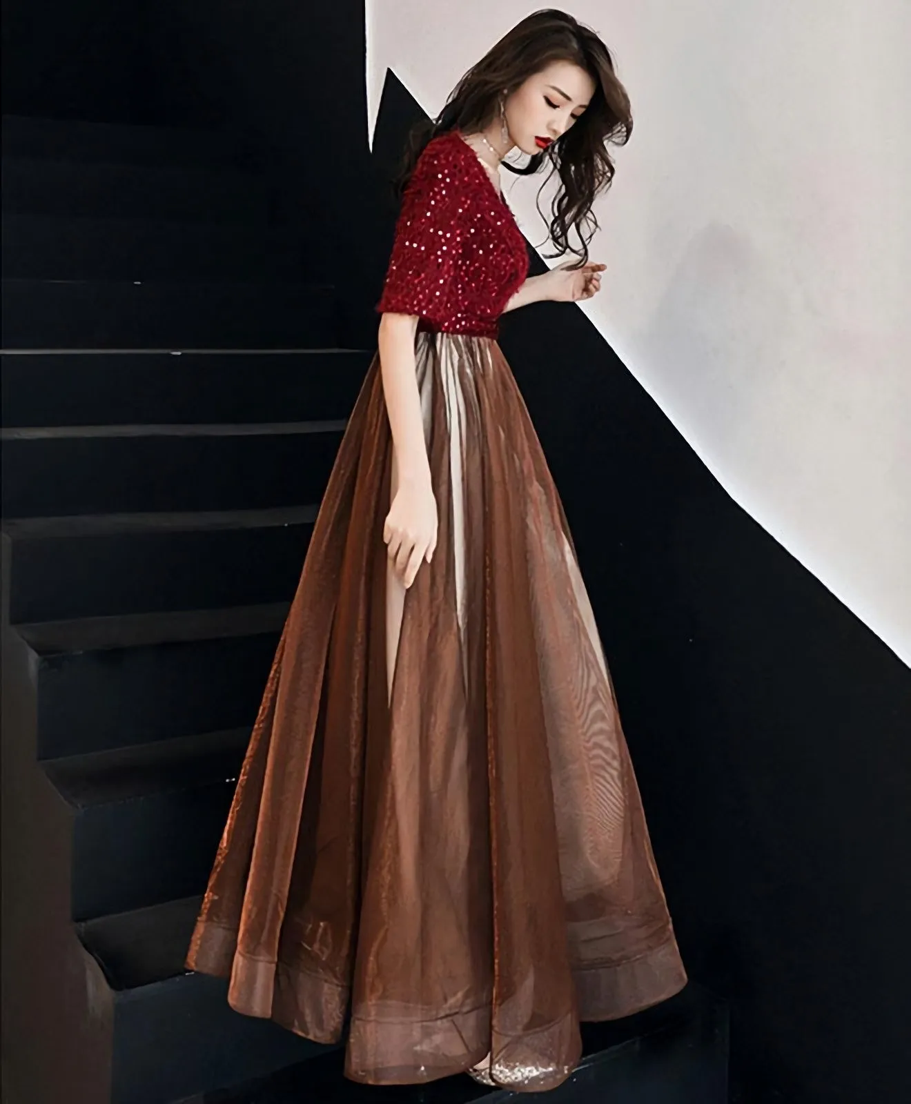 Burgundy Sequin Tulle Long Prom Dress Burgundy Evening Dress