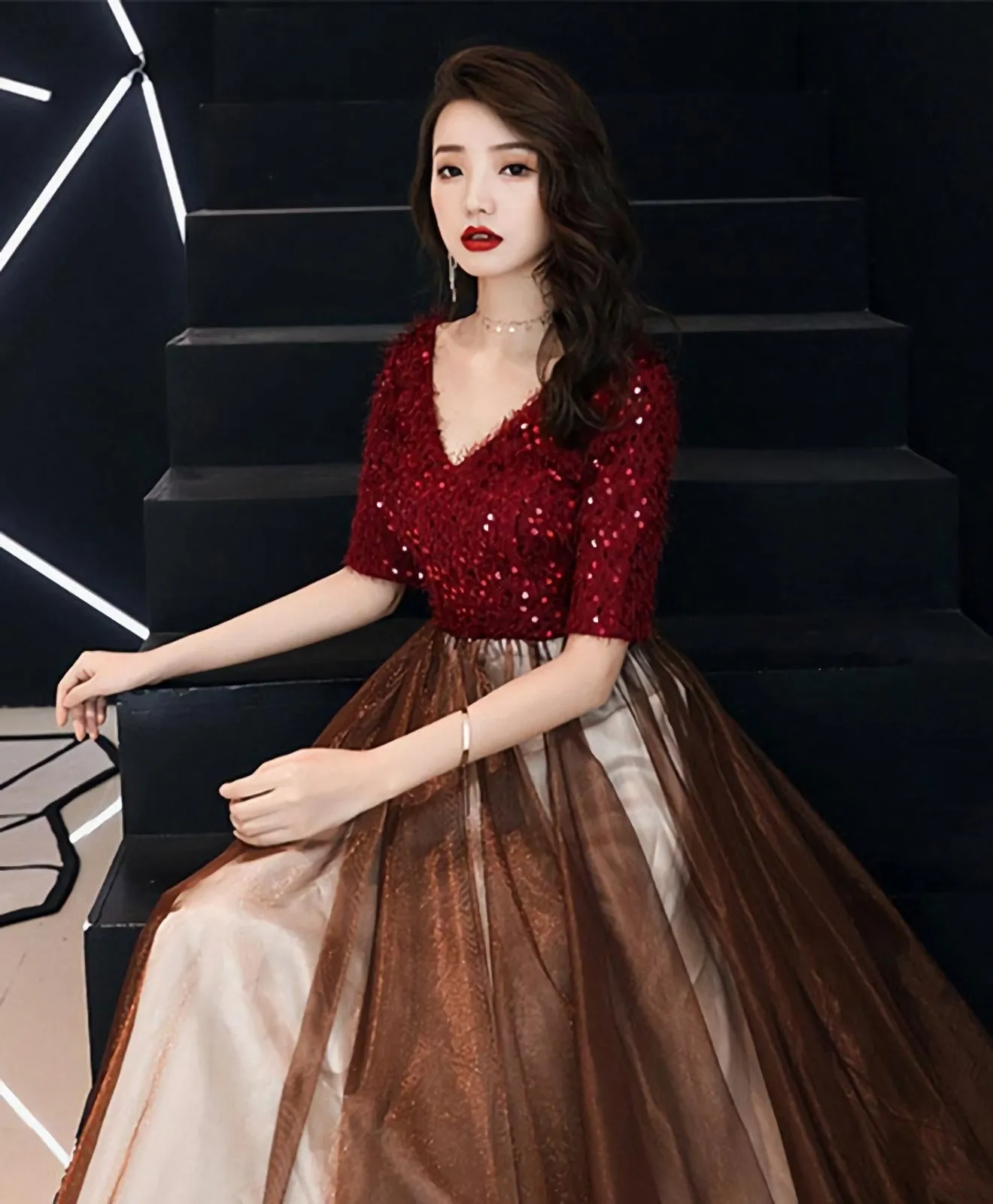 Burgundy Sequin Tulle Long Prom Dress Burgundy Evening Dress