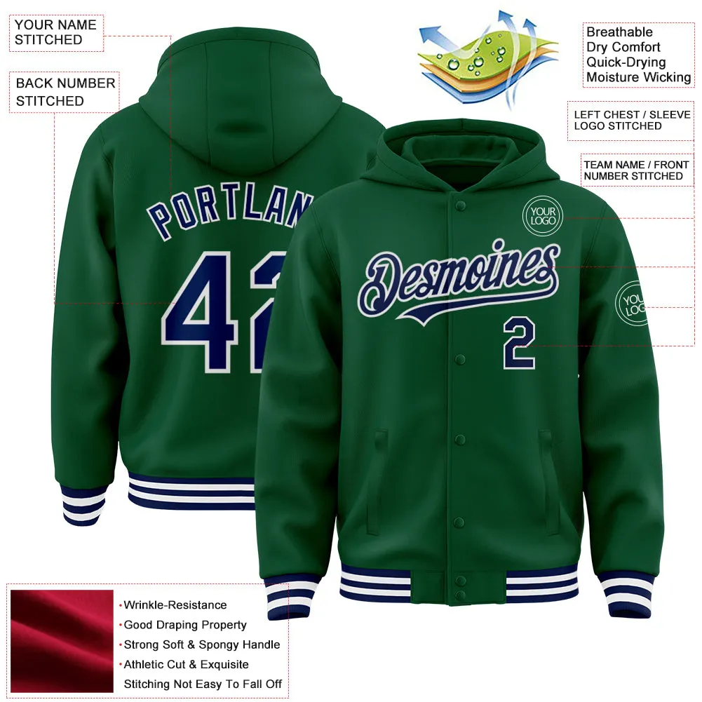 Custom Kelly Green Navy-White Bomber Full-Snap Varsity Letterman Hoodie Jacket