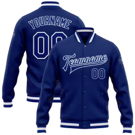 Custom Royal Royal-White Bomber Full-Snap Varsity Letterman Jacket