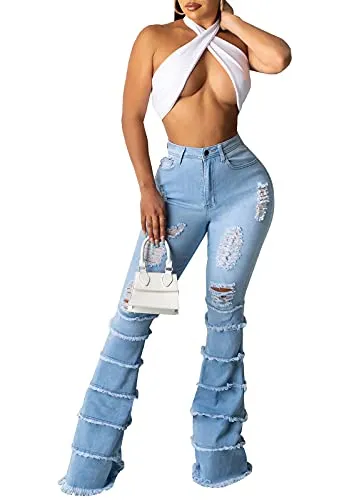 CutieLove Women's Flare Bell Bottom Jeans Ripped Destroyed Long Denim Pants