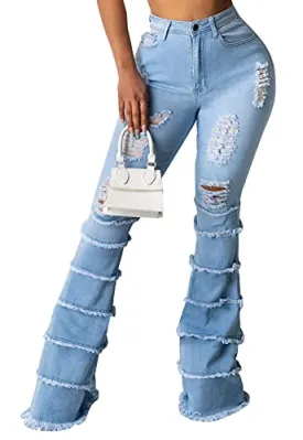CutieLove Women's Flare Bell Bottom Jeans Ripped Destroyed Long Denim Pants