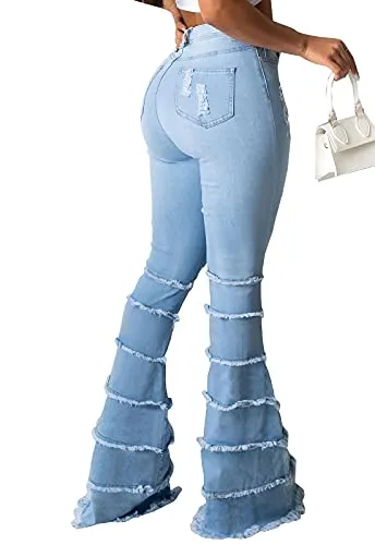 CutieLove Women's Flare Bell Bottom Jeans Ripped Destroyed Long Denim Pants