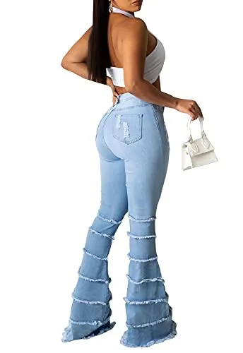 CutieLove Women's Flare Bell Bottom Jeans Ripped Destroyed Long Denim Pants