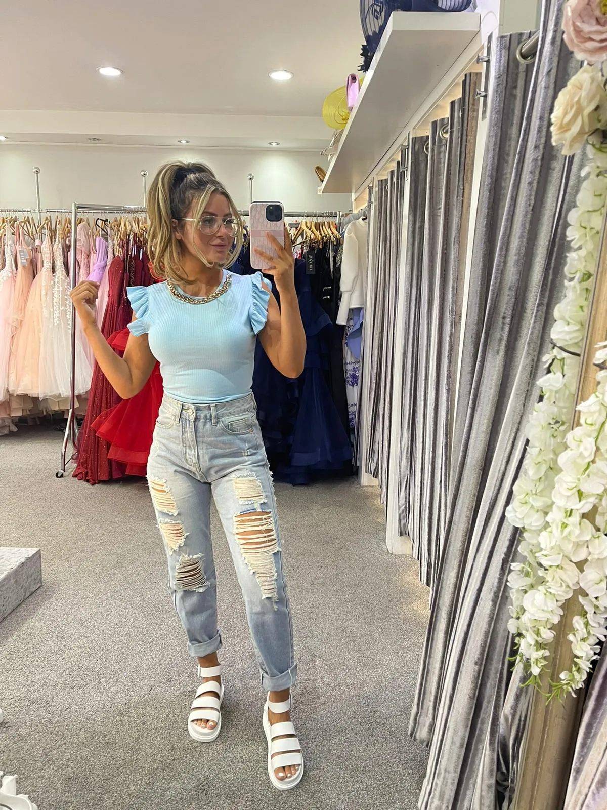 Distressed ripped stonewash mom fit jeans