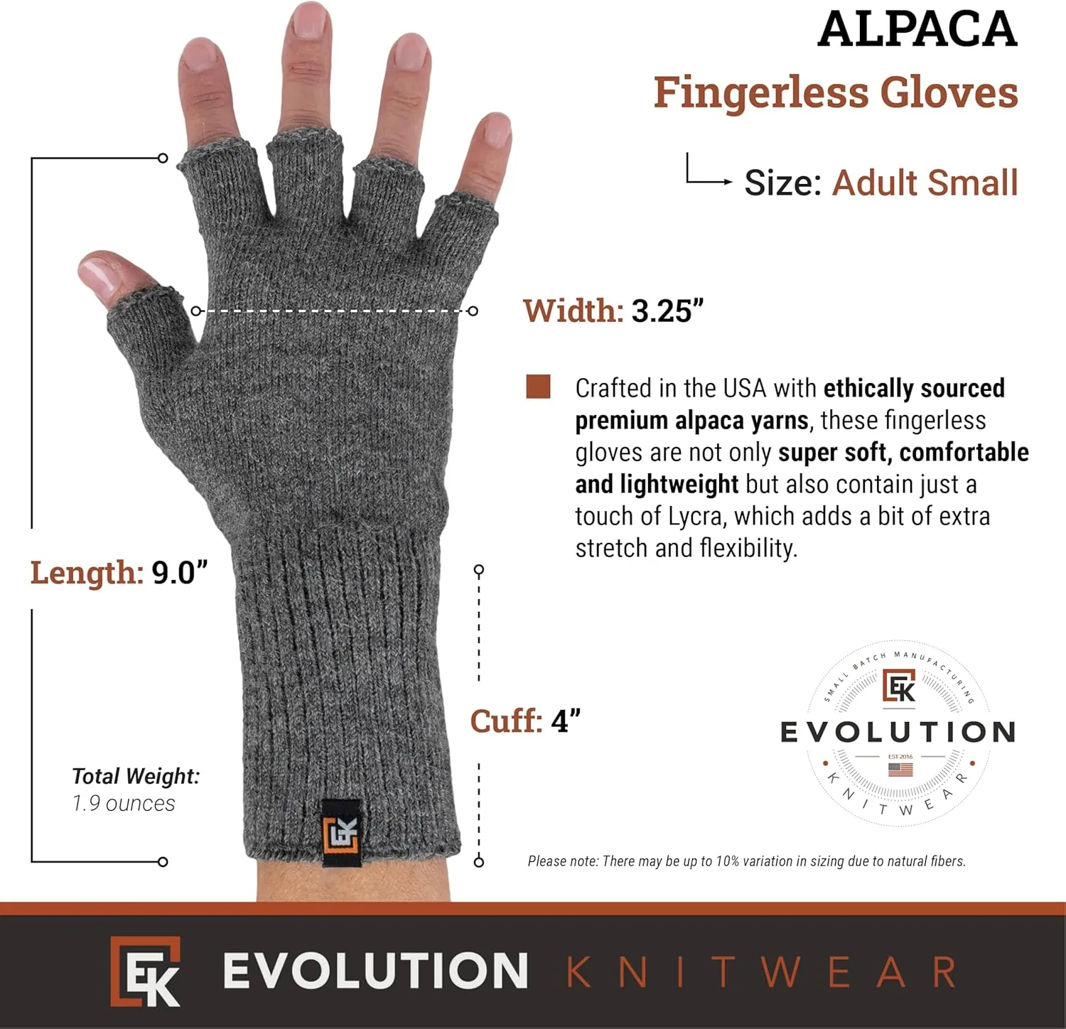 Evolution Knitwear Alpaca Knit Fingerless Gloves for Women - Super Soft Baby Alpaca - Made in the USA - Small