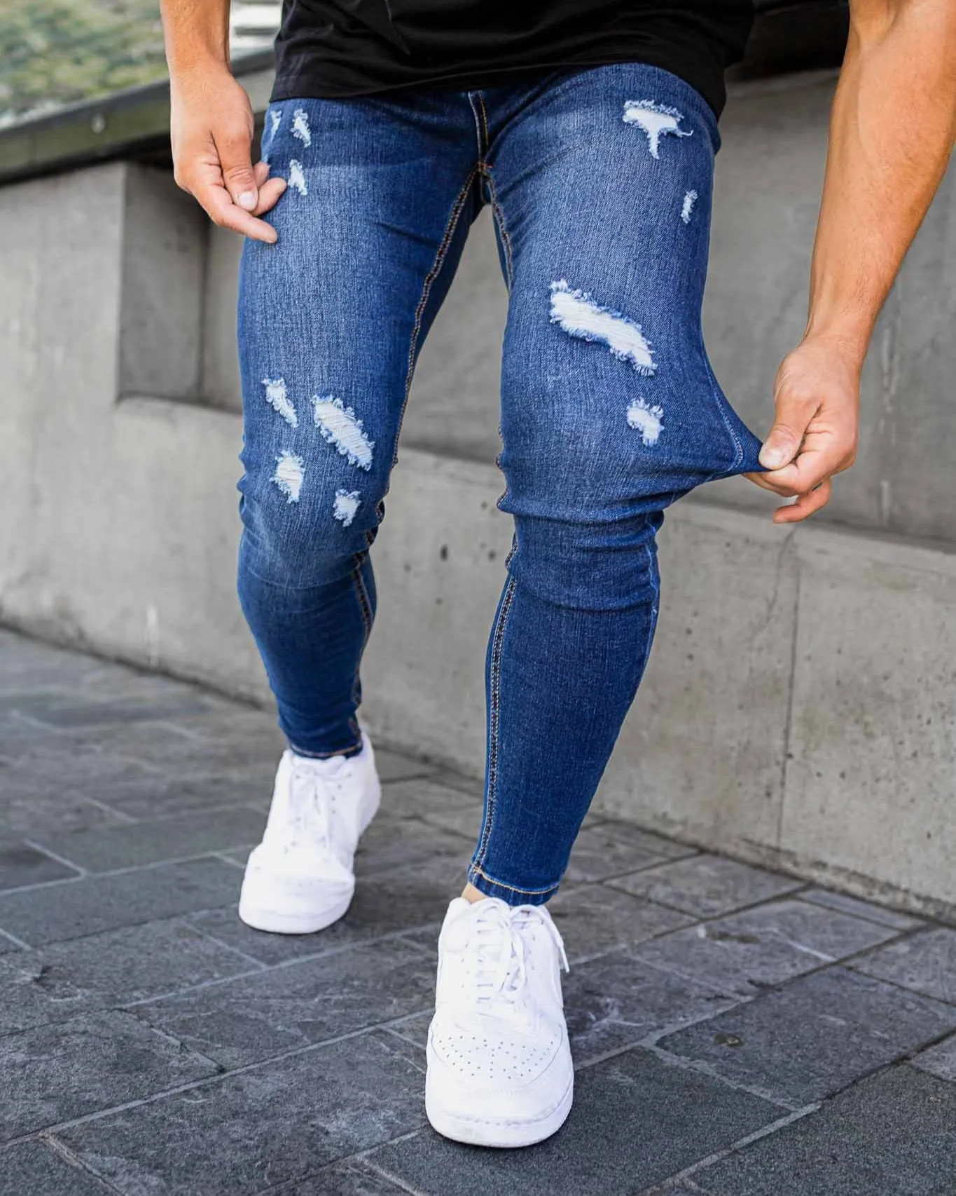 Faded Dark Blue Ripped Jeans