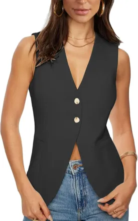 Fallorchid Womens Business Button Sleeveless V Neck Vest Fully Lined Suit Jacket Waistcoat