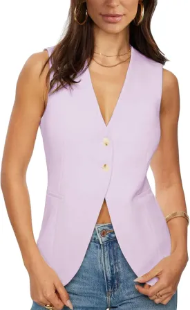 Fallorchid Womens Business Button Sleeveless V Neck Vest Fully Lined Suit Jacket Waistcoat