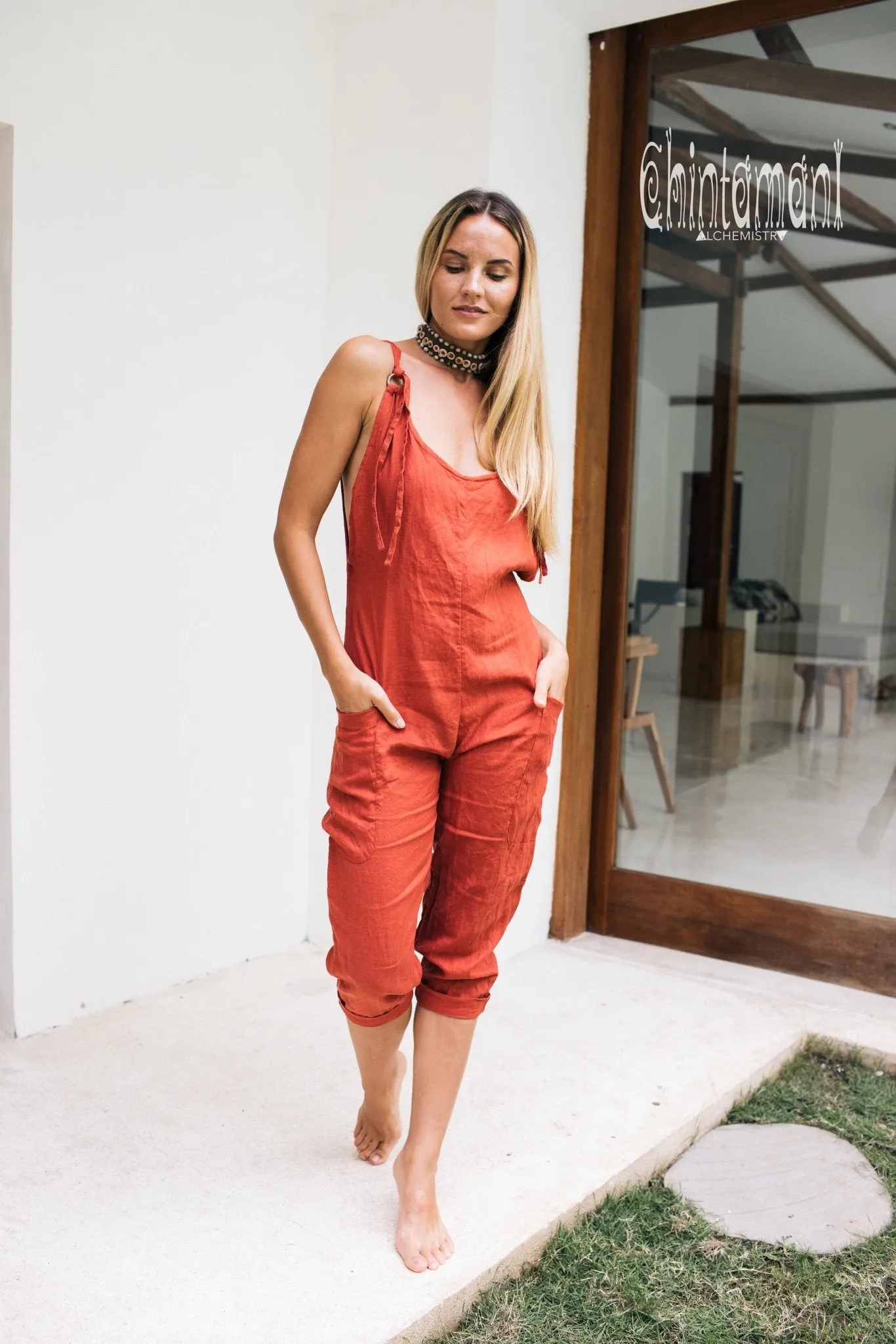 Fitted Linen Jumpsuit 3/4 / Women Midi Overalls with Pockets & Back Zip / Red Ochre