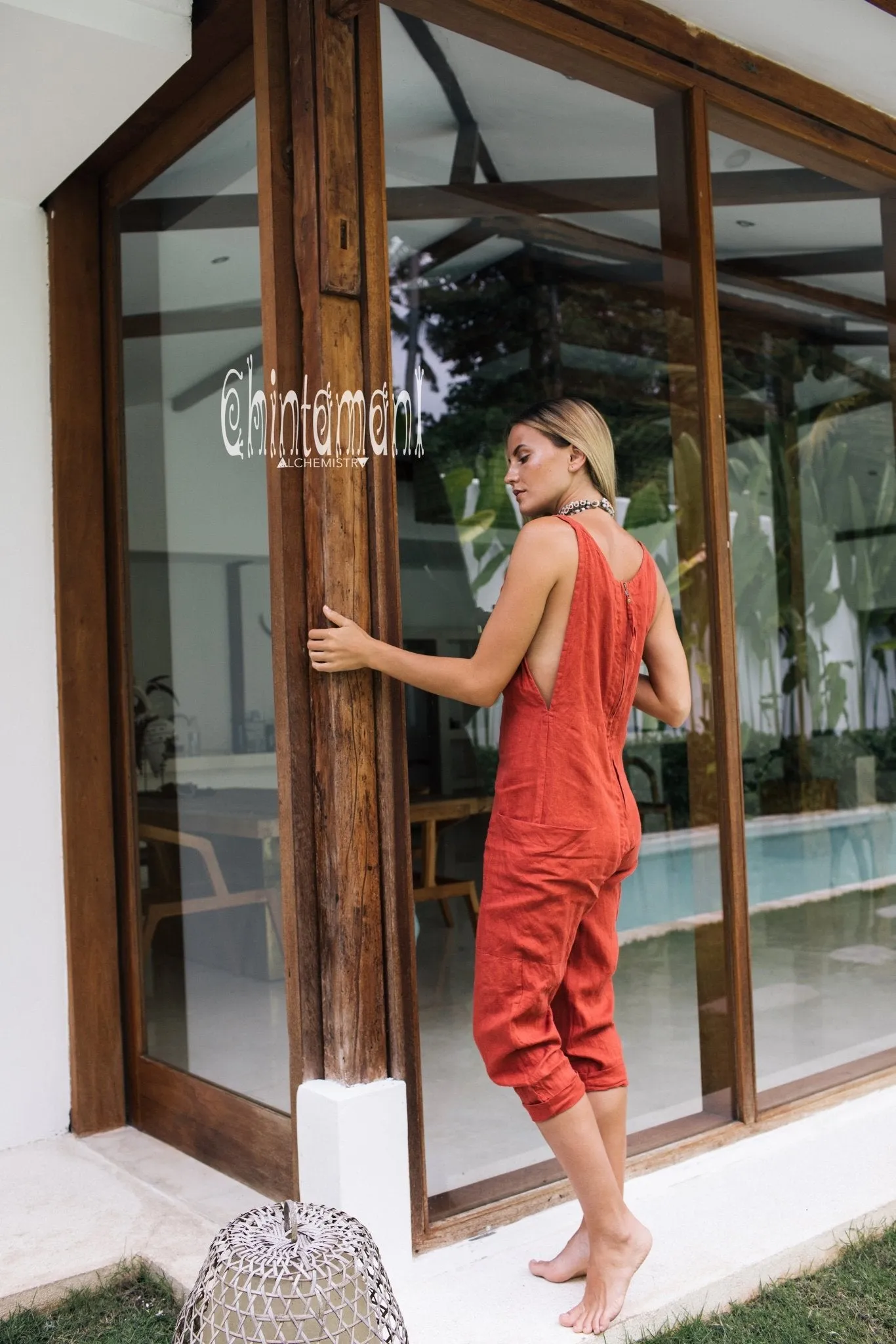 Fitted Linen Jumpsuit 3/4 / Women Midi Overalls with Pockets & Back Zip / Red Ochre
